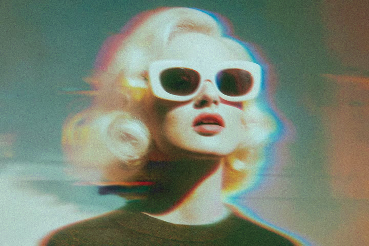 Frau mit Retro-Haarschnitt und weißer Sonnenbrille im AI-generierten Neonstil