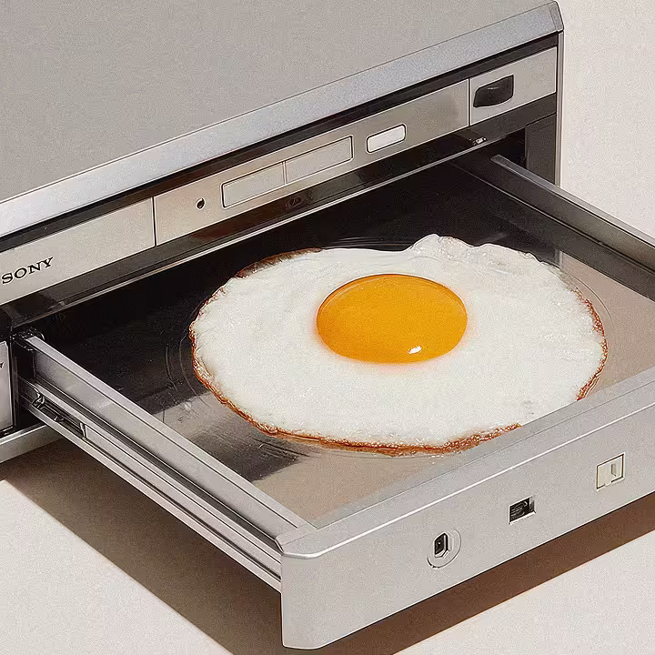 Ein Spiegelei liegt auf der ausgezogenen Schublade eines silbernen Sony DVD-Players.