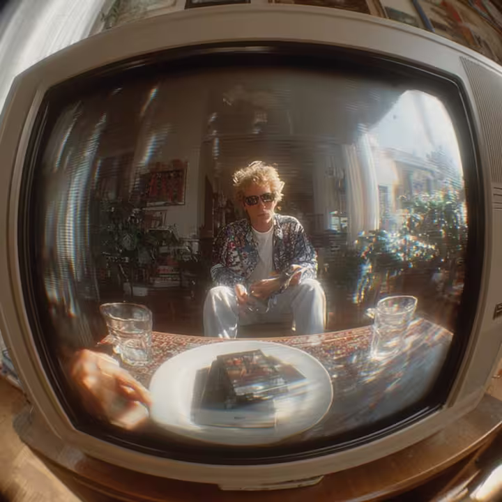 Ein Mann mit Sonnenbrille sitzt in einem hellen Raum, aufgenommen durch einen verzerrten Fernseher mit Blick auf einen weißen Teller mit CDs und Gläsern im Vordergrund.