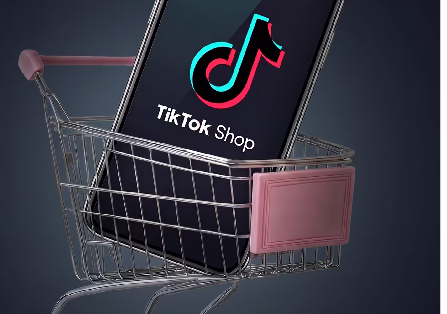 Smartphone mit TikTok Shop-Logo in einem Einkaufskorb aus Metall mit rosa Griffen.
