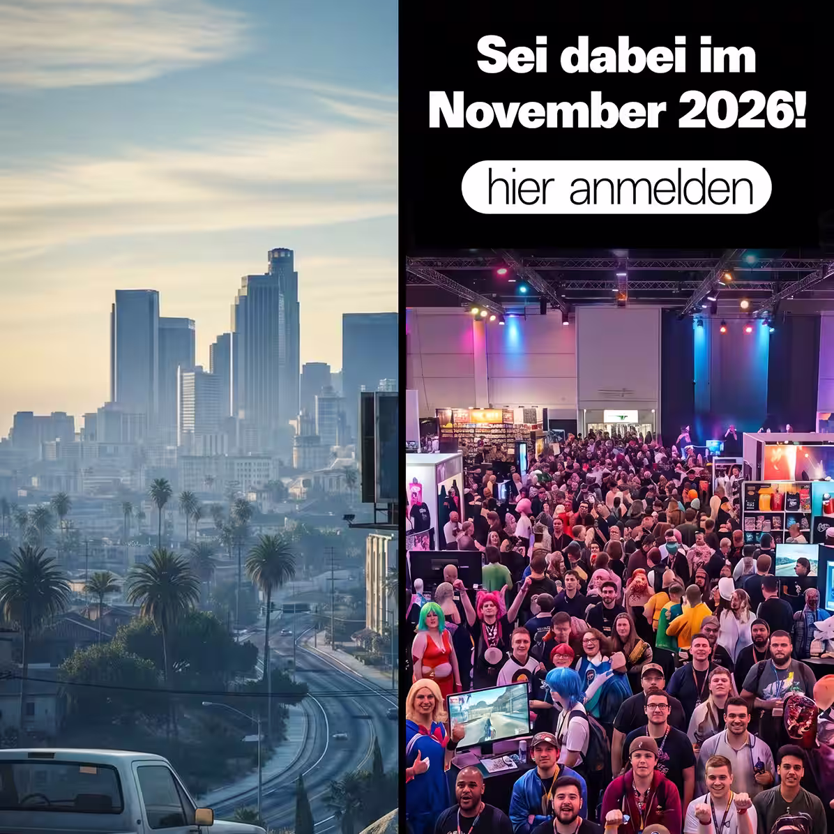 Straße mit Palmen vor einer Stadtsilhouette und eine große Messe mit vielen Menschen drinnen.