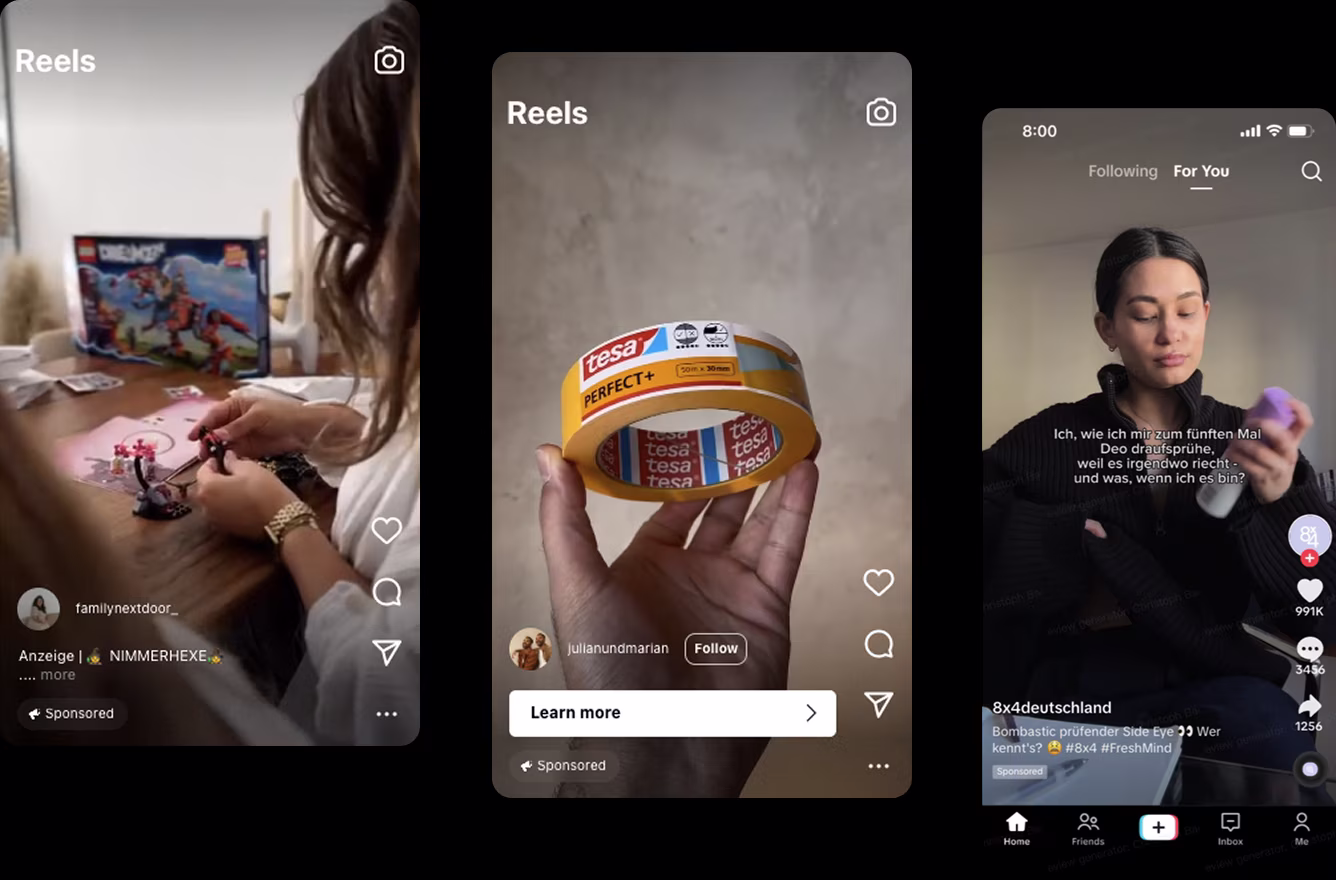 Drei Social-Media-Videos: Frau baut Lego, Hand hält Klebeband, Frau mit Deo in der Hand.
