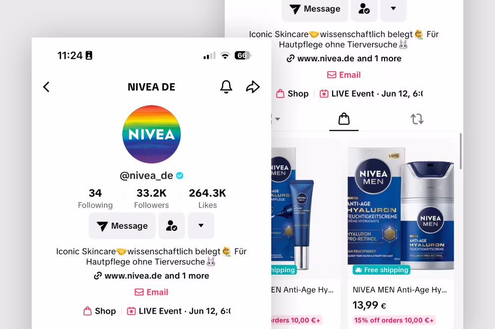 NIVEA DE Instagram profile showing 33.2K followers and promoting cruelty-free skincare products.
