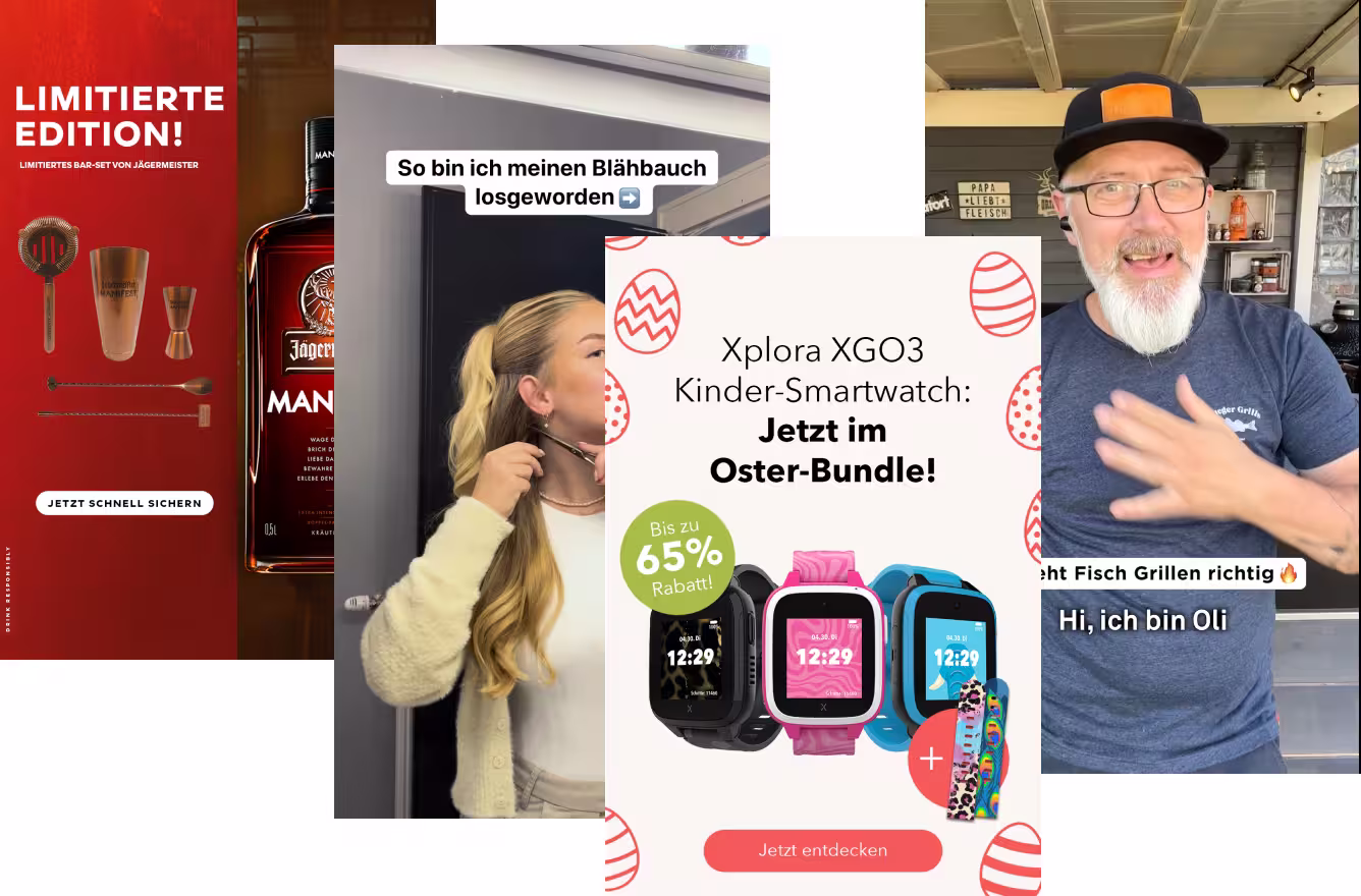 Drei Werbebilder: Jägermeister Barset, Frau mit Messer und Kinder-Smartwatch im Oster-Bundle.