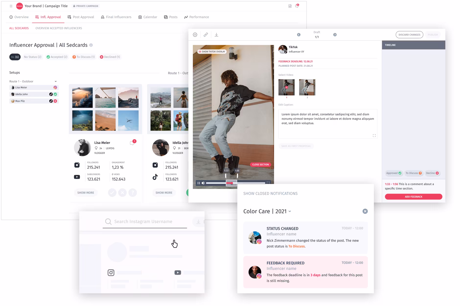 Dashboard showing influencer approval, video review, Instagram search, and feedback notifications.