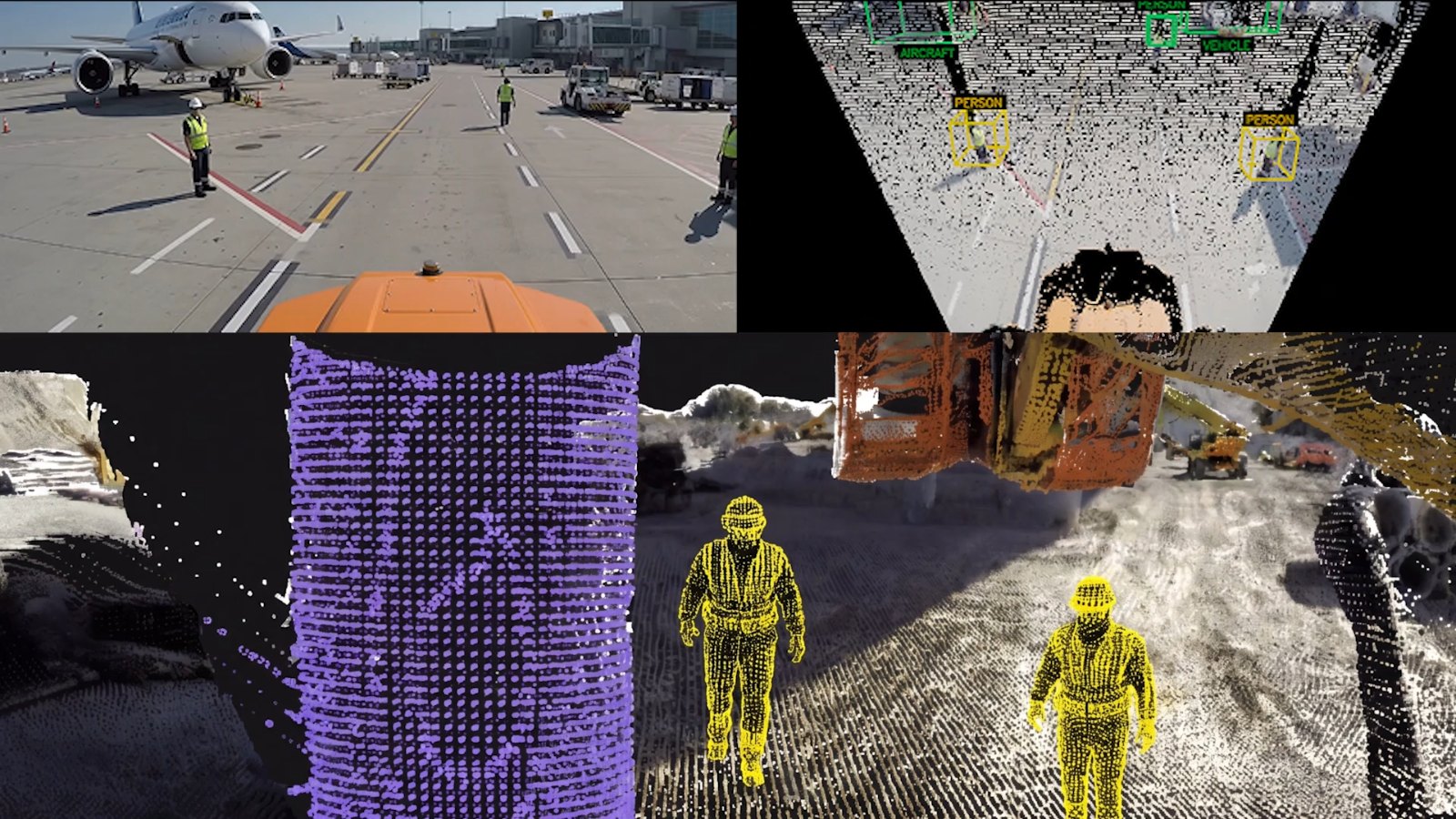 TorqueField: an airport tug camera view alongside LiDAR point clouds with detected people, aircraft and vehicles