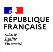 Logo de la République Française avec les mots Liberté, Égalité, Fraternité sous un drapeau bleu, blanc, rouge stylisé.