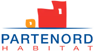 Logo PARTENORD HABITAT avec une silhouette stylisée de maison rouge et bleue avec un clé jaune.