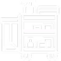 Icône blanche de chariot de nettoyage avec seau, produits et serviettes.