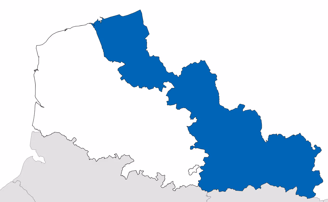 Carte de la région Hauts-de-France en France avec certains départements en bleu.