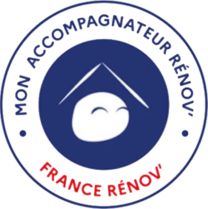 Logo Mon Accompagnateur Rénov' France Rénov', featuring a stylized smiling face under a roof outline within a blue circle.