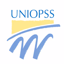 Logo de l'organisation UNIOPSS avec un élément graphique bleu et jaune.