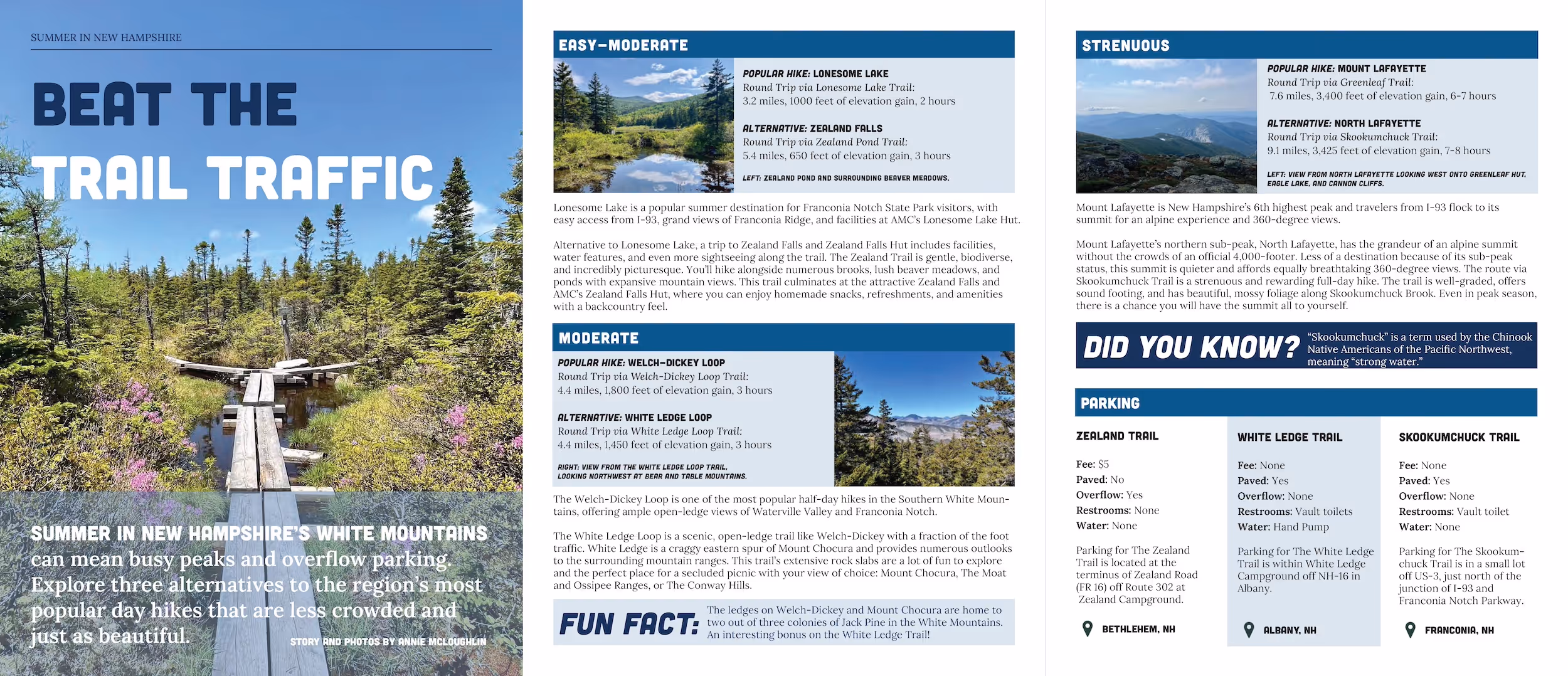Magazine Article 'Beat the Trail Traffic' by Annie McLoughlin about popular hiking alternatives in NH's White Mountains.