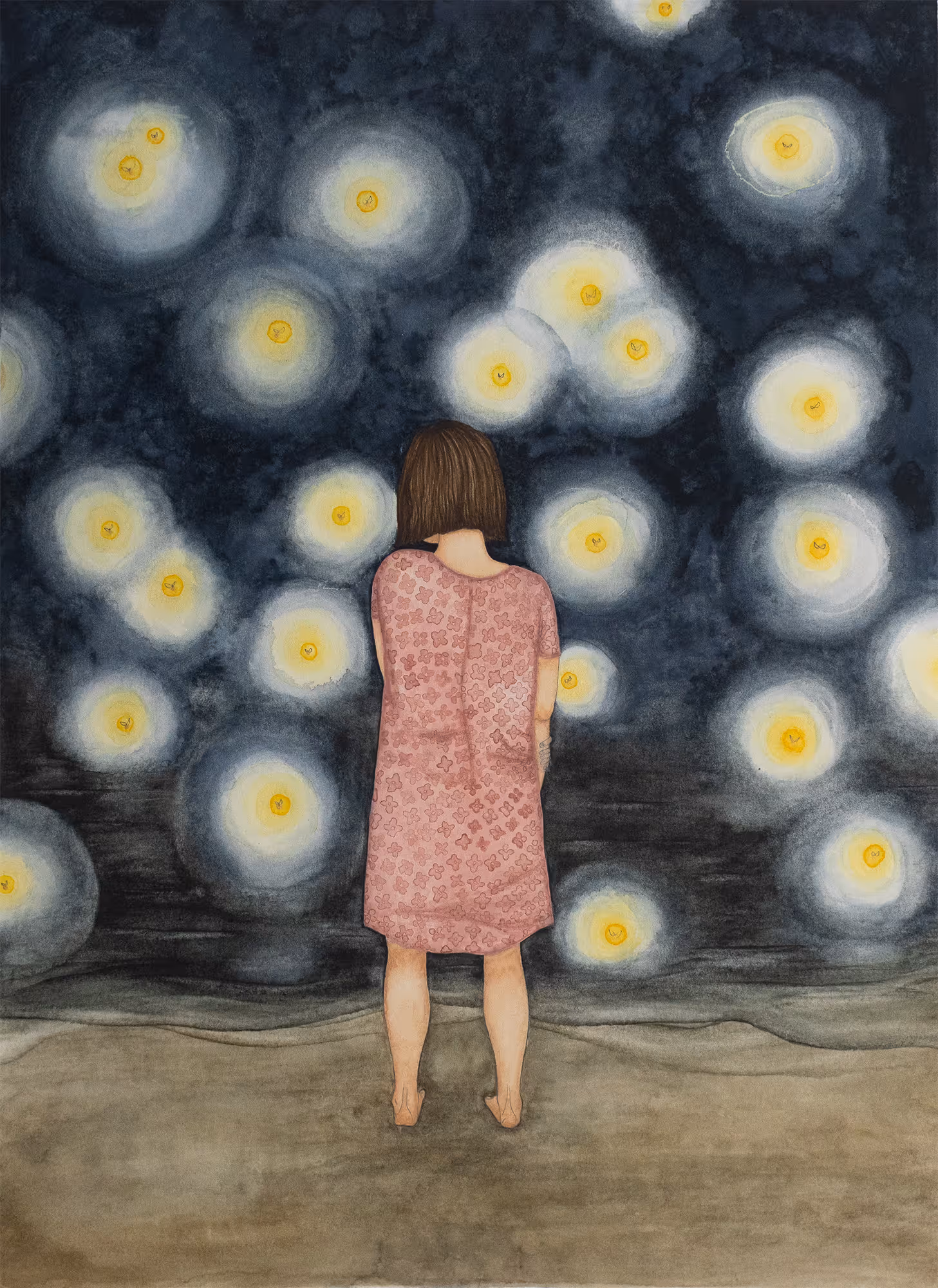Detailed watercolor and pen illustration of a girl standing and facing away at the edge of a pond with a sky filled with fireflies. Girl has short brown hair and a mauve flowered dress. ©2021 Annie McLoughlin