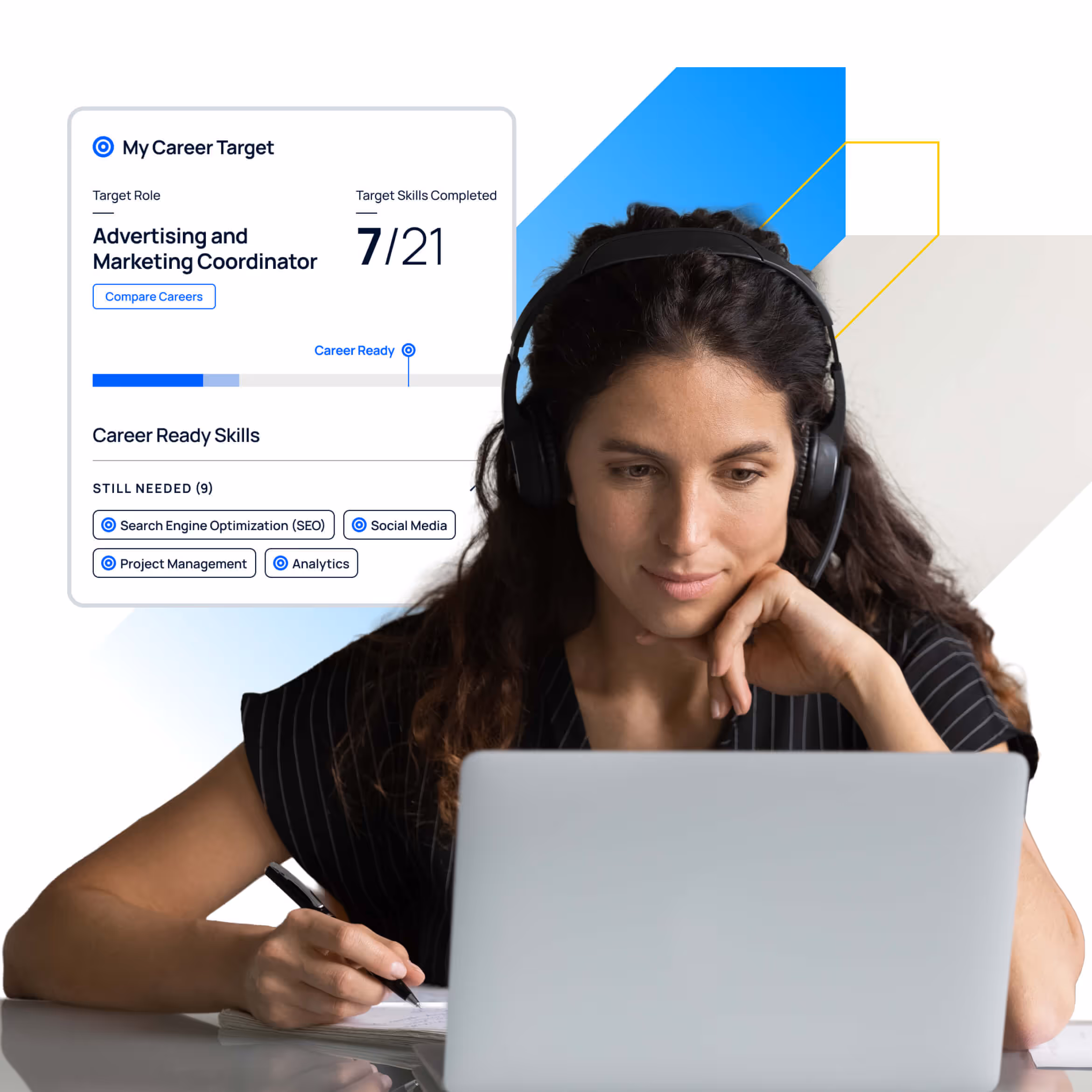 A student looking at a laptop screen. In the background of the image is a mockup from a software UI.