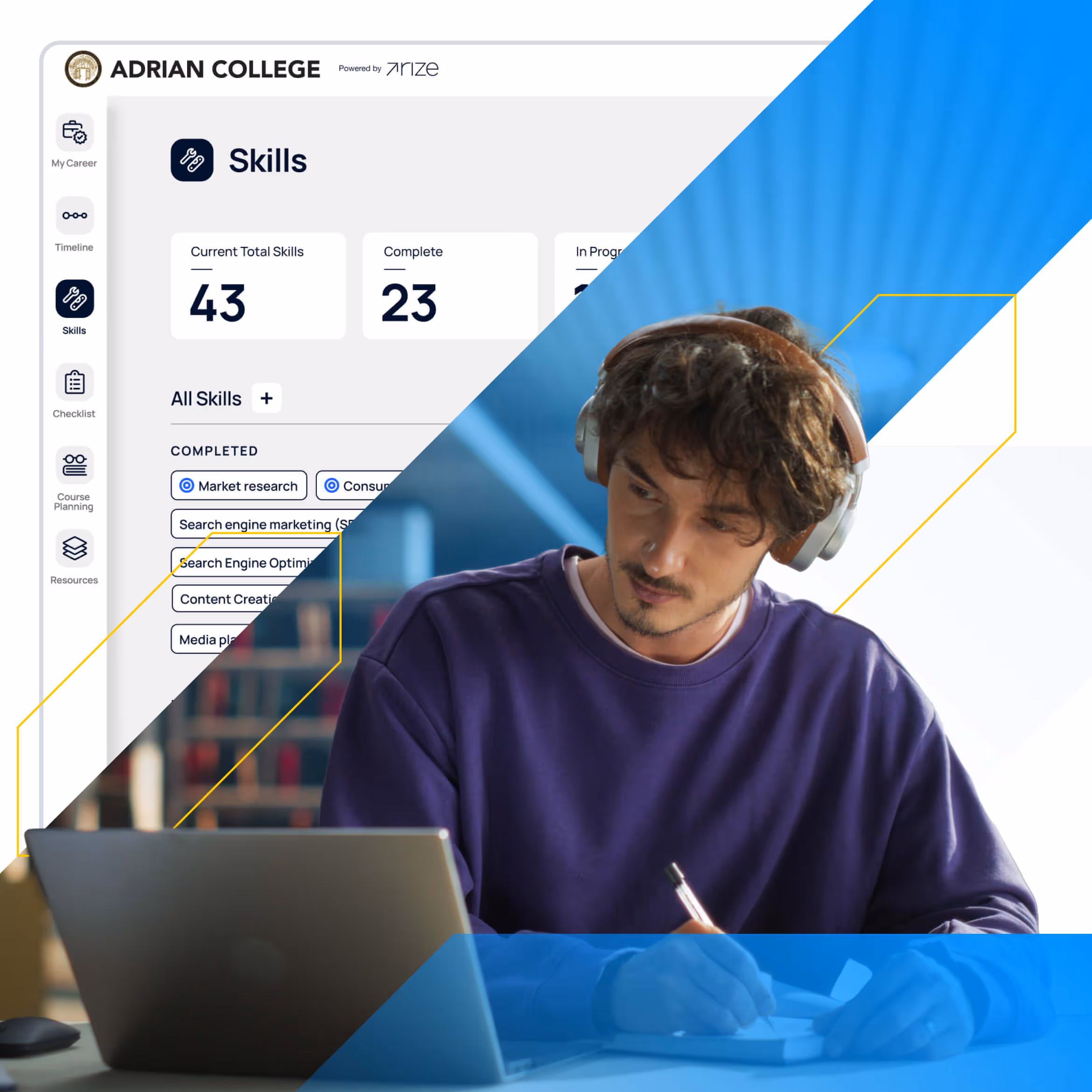 A student working. In the background of the image is a mockup from a software UI.