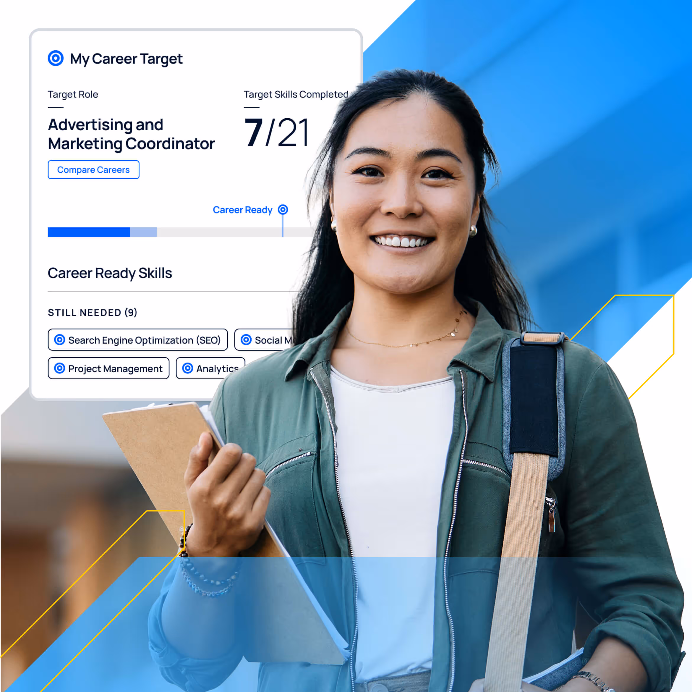 A student smiling. In the background of the image is a mockup from a software UI.
