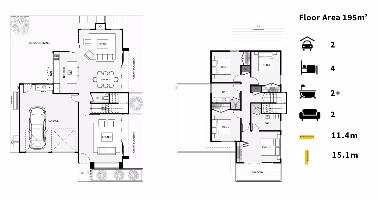 Floor plan showing a 3-bedroom house layout, with areas for living, dining, and parking, detailed dimensions included.