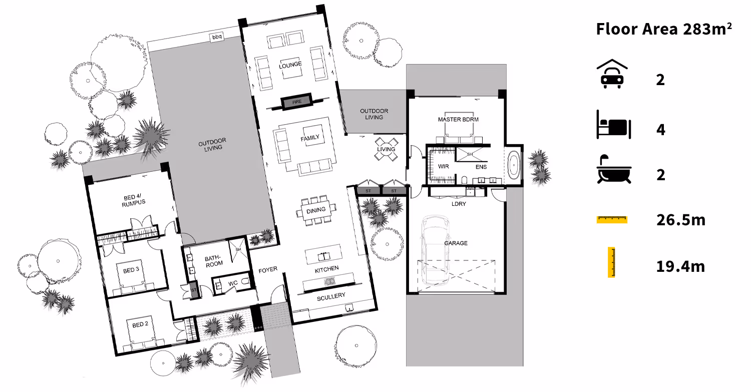 A floor plan overview featuring three buildings with labeled areas, depicting rooms, furniture, and outdoor spaces in a clear layout.