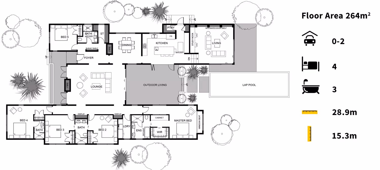 Floor plan of a modern house, showing room layout and outdoor spaces, with symbols indicating doors, windows, and furniture.