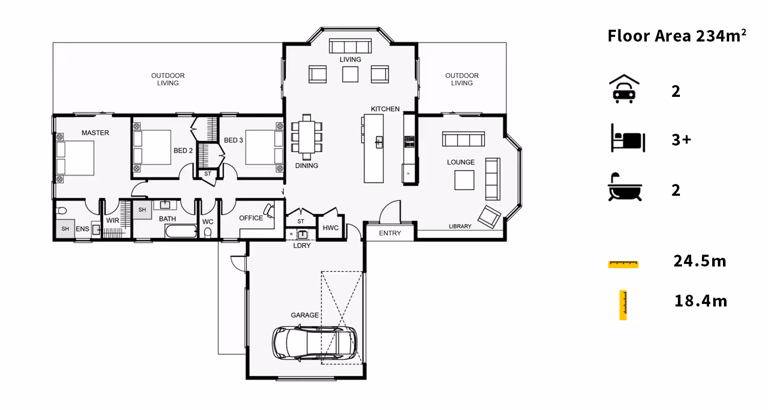 Floor plan for a single-story house featuring three bedrooms, two bathrooms, and an open living area, with labeled dimensions.