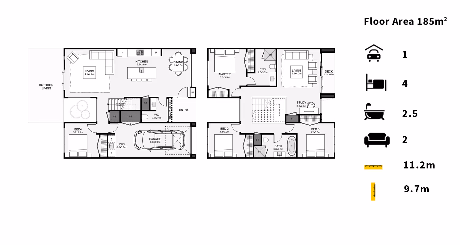 A floor plan of a home featuring various rooms, with measurements and symbols indicating furniture layout and dimensions.