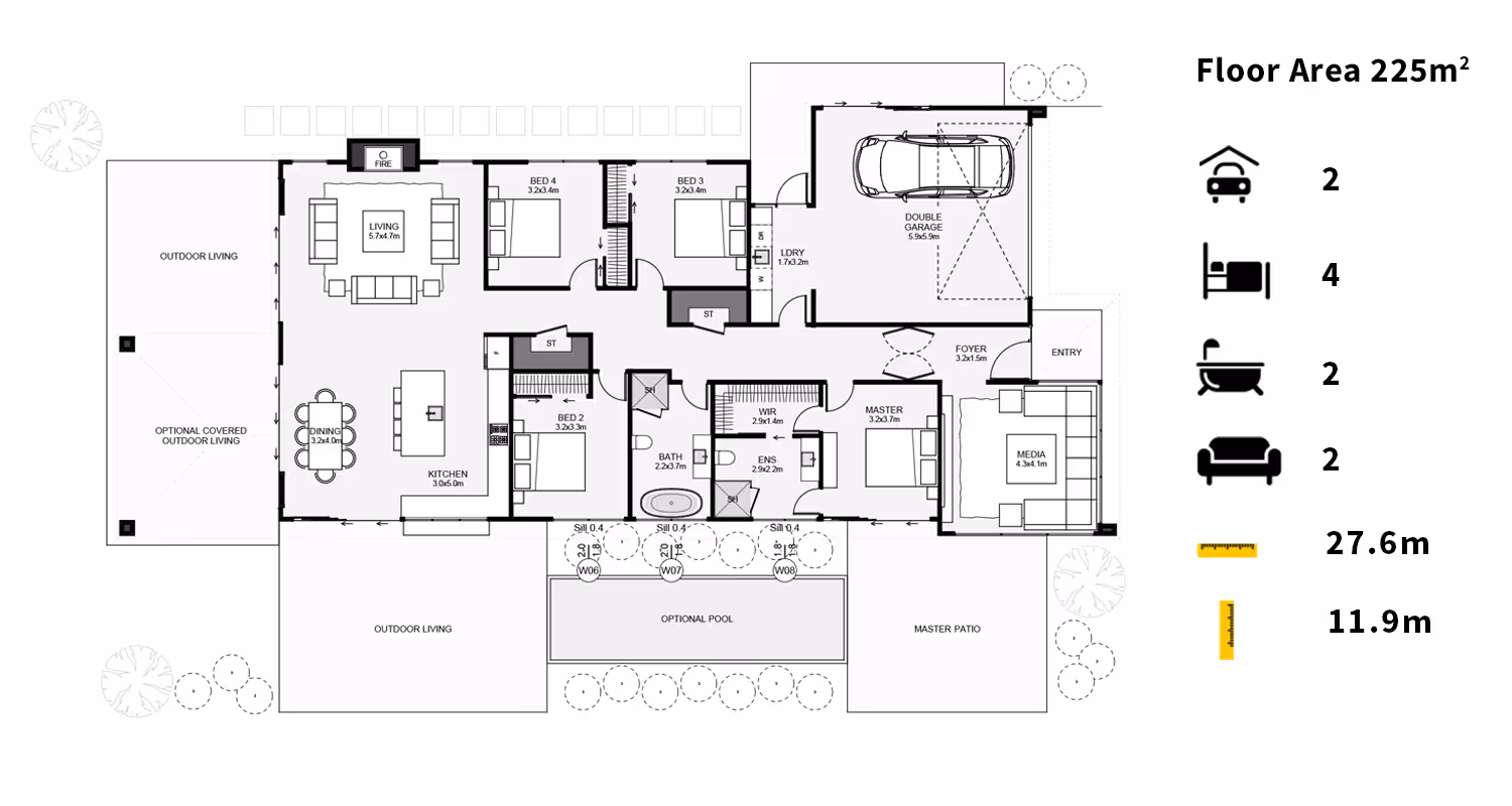 Floor plan layout of a house featuring 3 bedrooms, 2 bathrooms, a kitchen, and a living area, with dimensions noted.