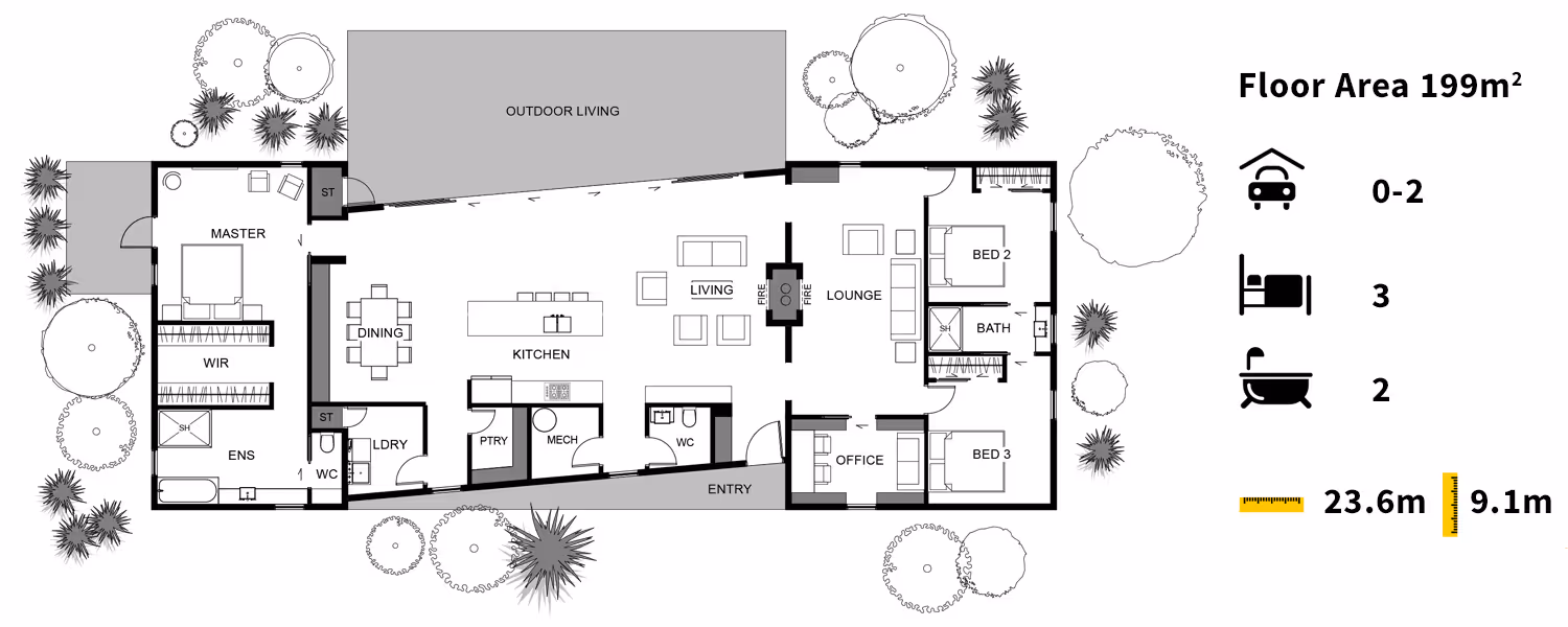 Architectural floor plan of a building with labeled rooms, dimensions, and landscaping details, showcasing room layout and measurements.