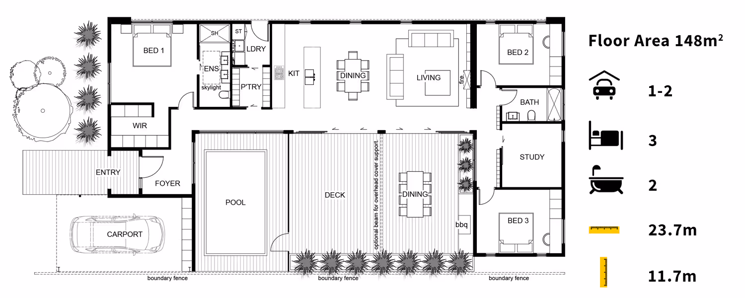 A detailed floor plan layout of a house, showing rooms, dimensions, and labels for areas like bedrooms, bathrooms, and living spaces.