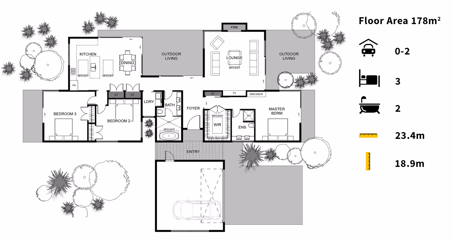 Architectural floor plan detailing room layout, dimensions, and outdoor spaces, with a scale indicator and legend for reference.