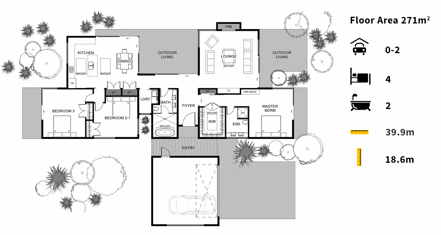 Architectural floor plan of a house layout, showing rooms, outdoor spaces, and dimensions in meters. 