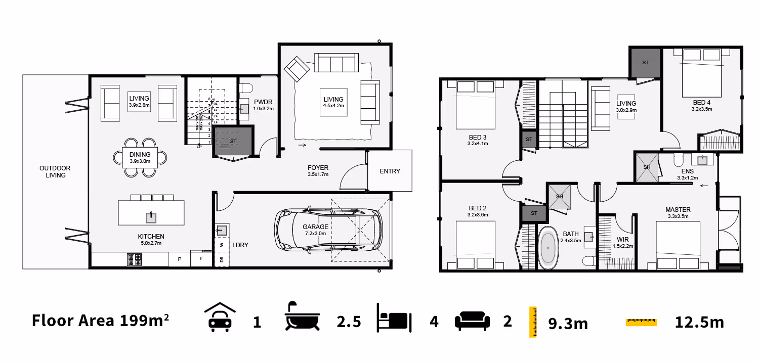 A detailed floor plan layout of a two-story house, showing room dimensions, labels, and designated areas for parking.