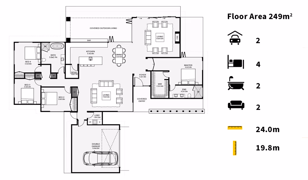 Blueprint of a house layout featuring rooms for a garage, bedrooms, and living spaces, with dimensions labeled in meters.