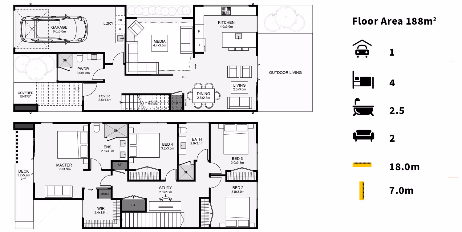 A detailed floor plan illustration of a two-story residential building, featuring rooms, dimensions, and symbols for amenities.