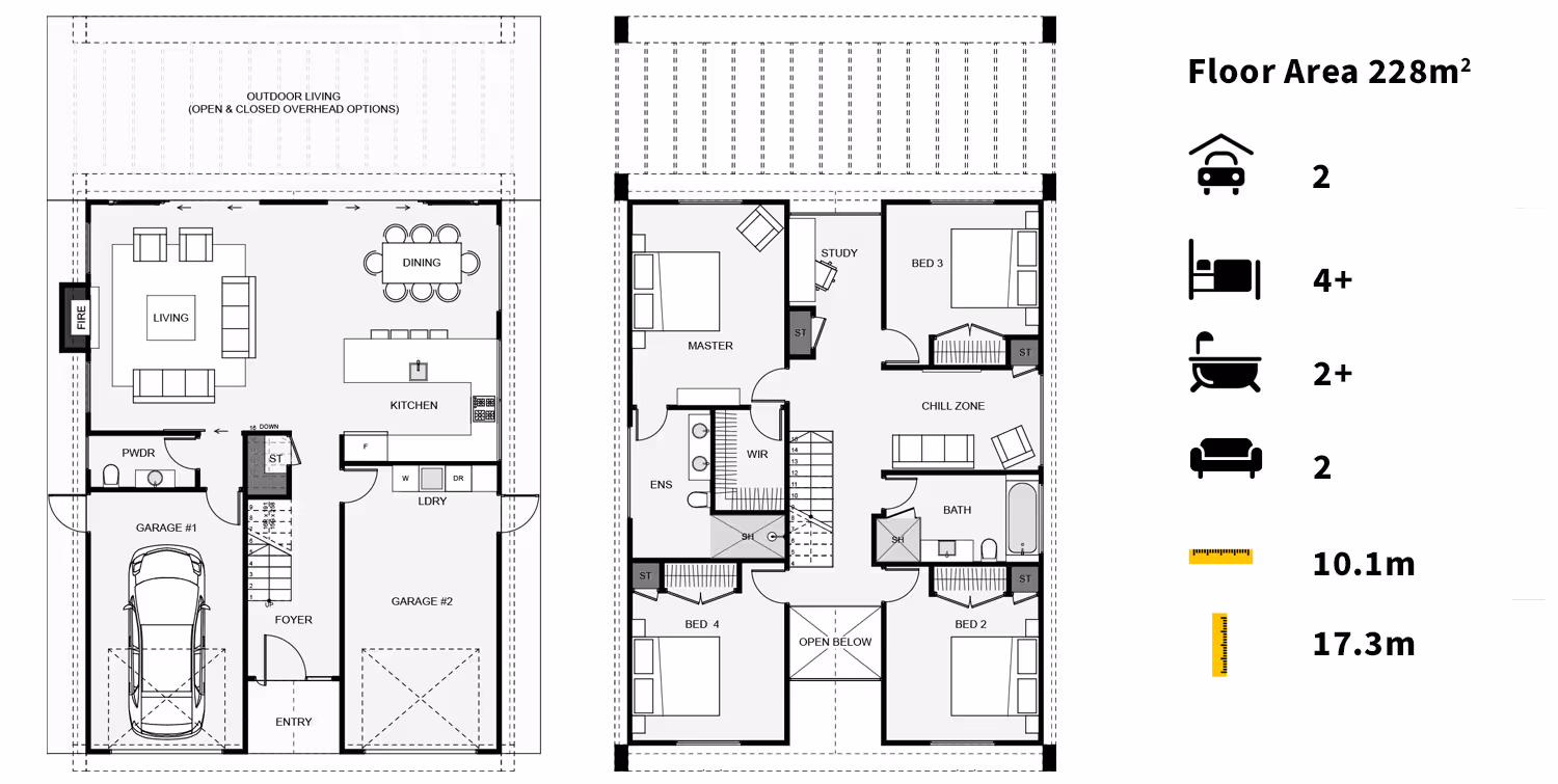Floor plan of a two-story house featuring rooms, furniture symbols, and a garage, with a key for labels and dimensions.