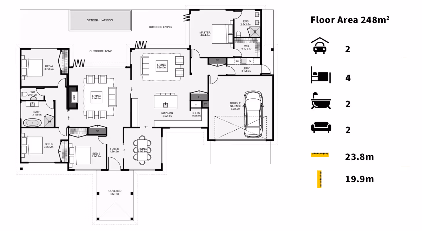 Floor plan of a home featuring various rooms, labeled furniture icons, and measurements; indicates layout and dimensions.