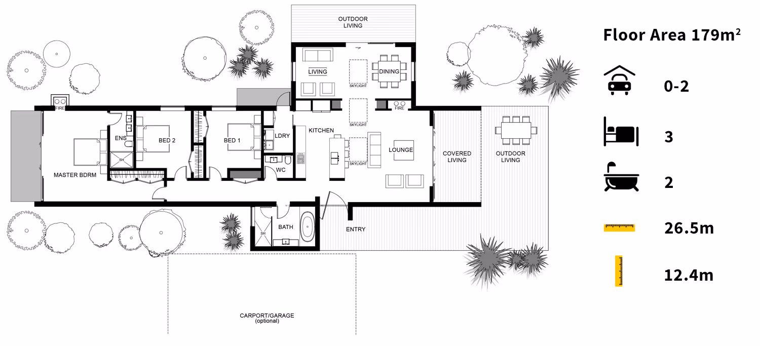 Architectural floor plan of a single-story home, showing room layouts, dimensions, and landscaping features.