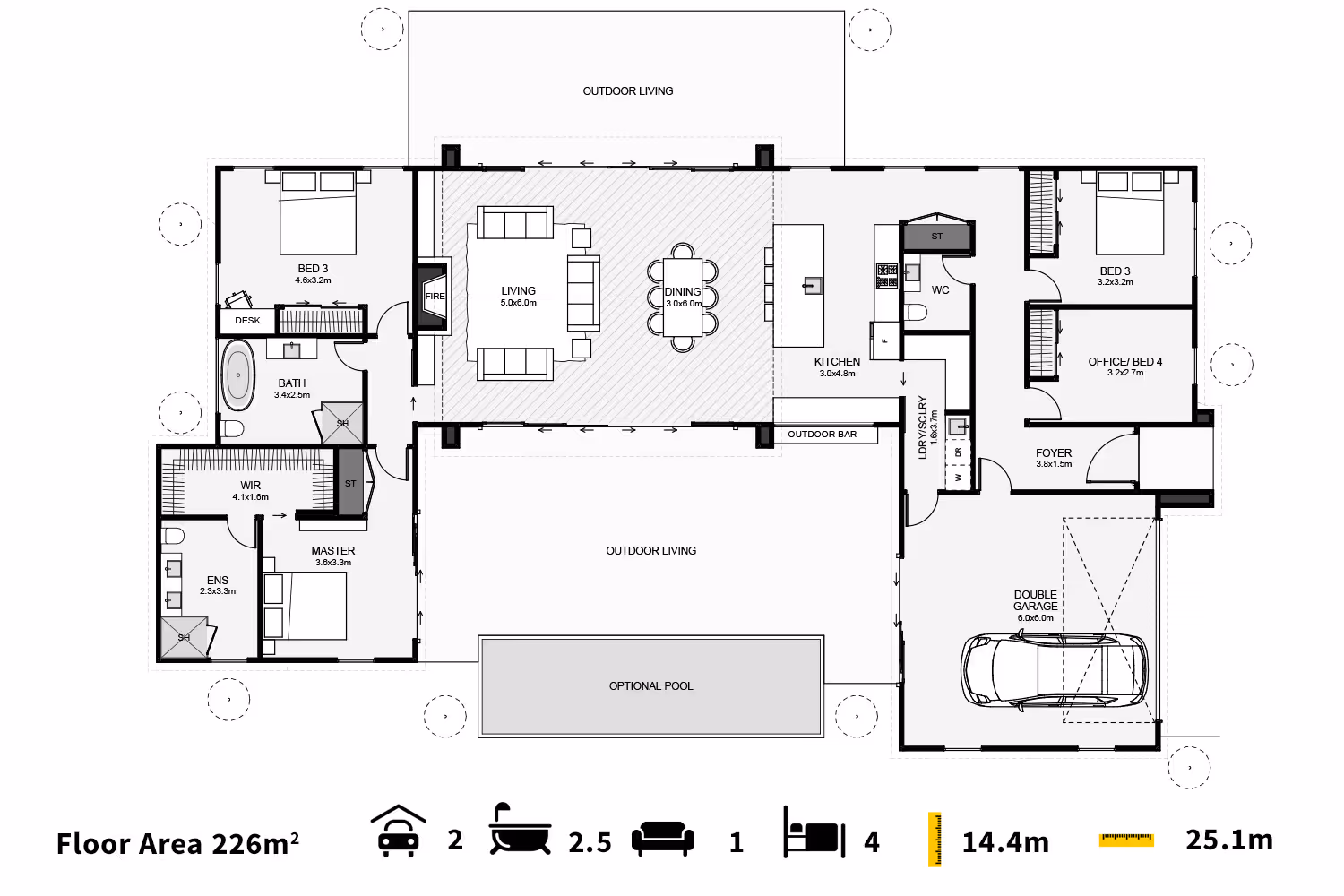 Architectural floor plan showcasing a modern layout with living areas, bedrooms, and a garage, labeled with dimensions and features.