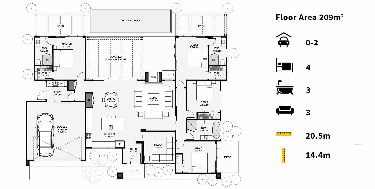 A floor plan layout showing rooms and furniture placement, including icons denoting beds, chairs, and measurements.