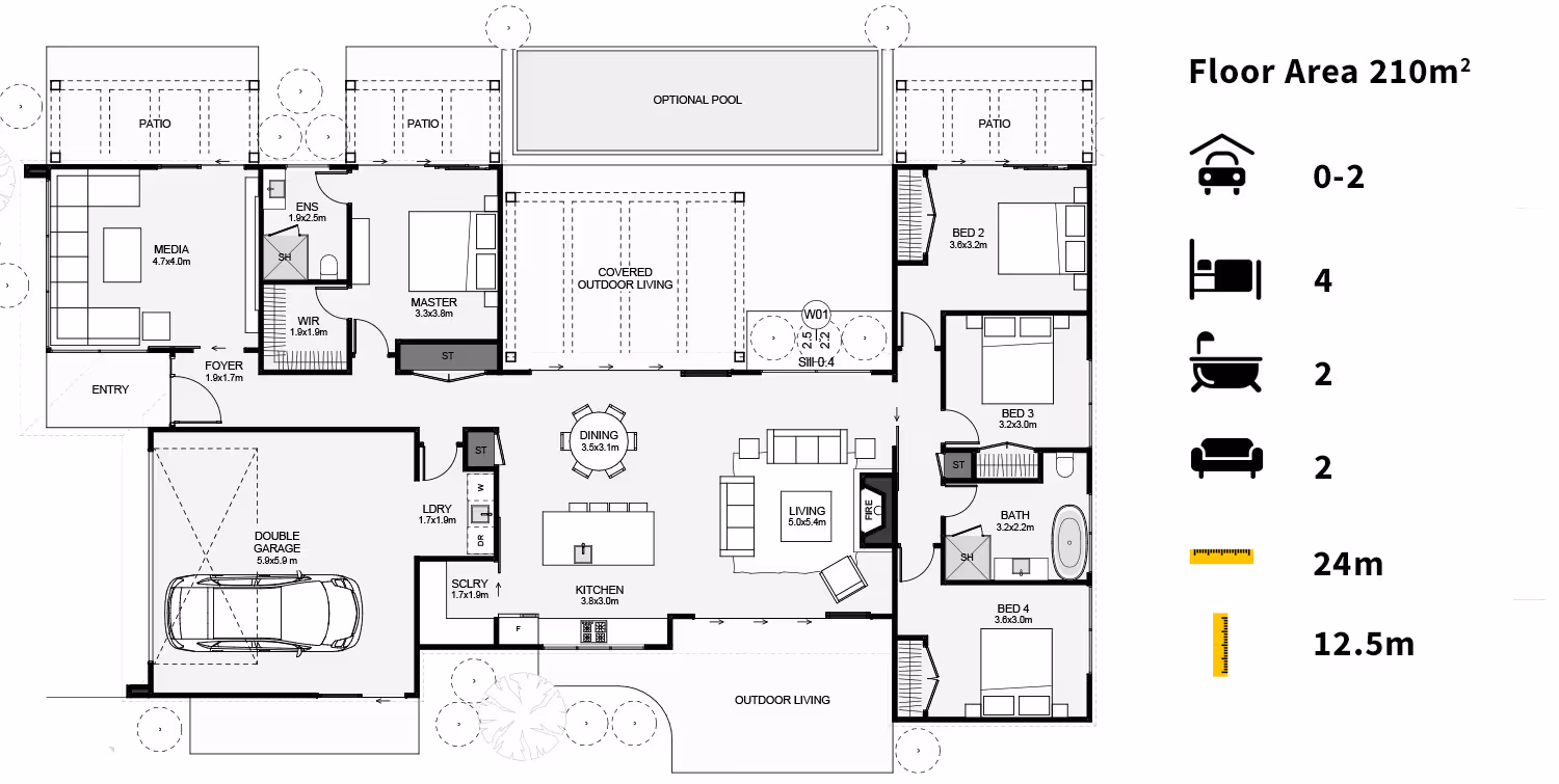 Floor plan layout with labeled rooms: 3 bedrooms, 2 baths, living room, kitchen, and garage, illustrated with symbols and measurements.
