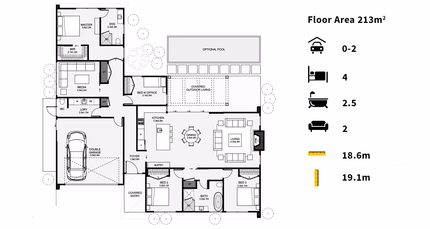 Floor plan of a house featuring labeled rooms, dimensions, and a legend for furniture types and sizes, totaling 237m².