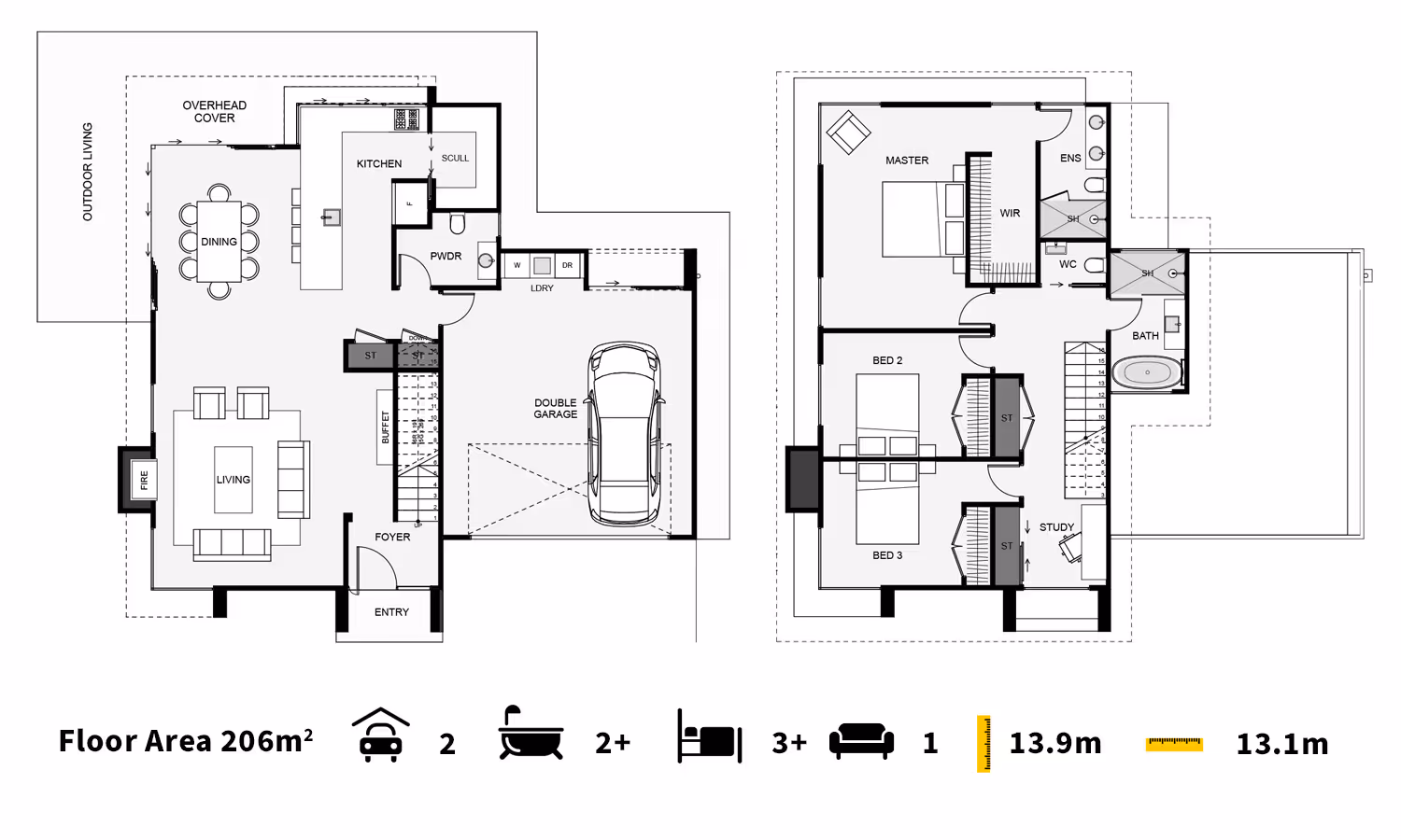 Architectural floor plan of a two-story house, showing layout, room designations, and dimensions on a grid.