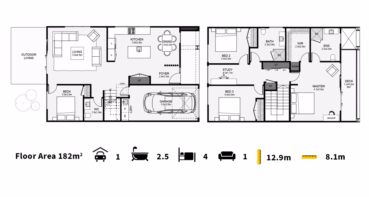 A blueprint of a house layout showcasing rooms, dimensions, and symbols for various features like doors and parking.