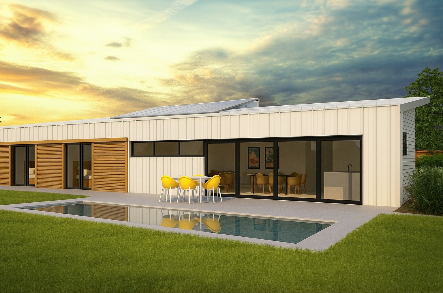 Modern duplex with large glass windows and balcony, featuring sleek black garage doors and lush greenery surrounding the exterior.