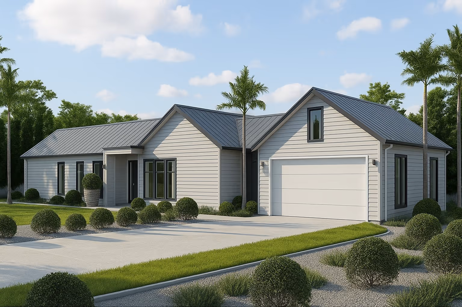 Modern two-story house with dark siding and wood accents, featuring a glass balcony, two garage doors, and tropical landscaping.