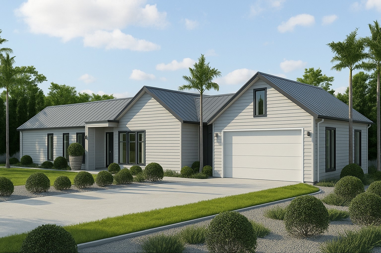 Modern two-story house with dark siding and wood accents, featuring a glass balcony, two garage doors, and tropical landscaping.
