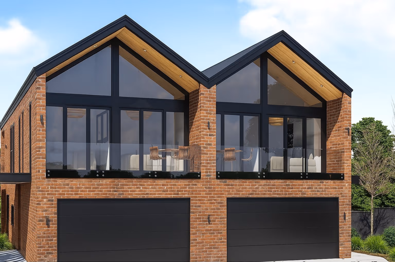 Modern duplex with dark brick facade, large windows, and wooden accents, featuring two garages and lush green landscaping.
