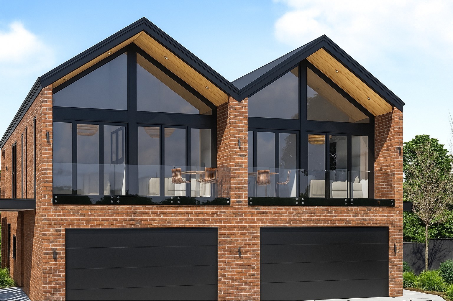 Modern duplex with dark brick facade, large windows, and wooden accents, featuring two garages and lush green landscaping.