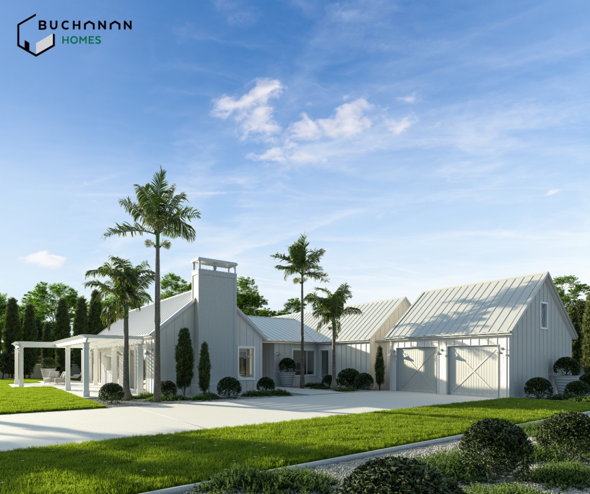Modern coastal home with a light gray exterior, palm trees, a covered porch, and a garage, surrounded by lush green landscaping.