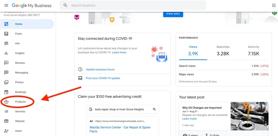 Google My Business (GMB) products and services screenshot